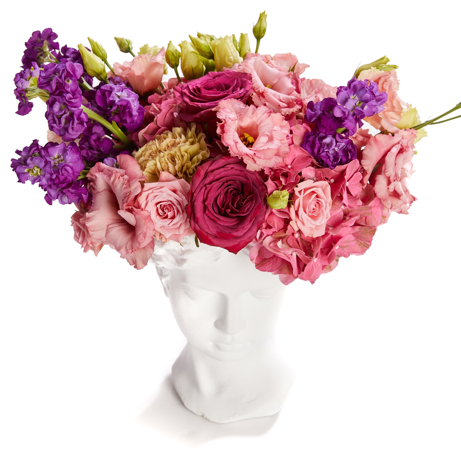 Aranjament cu hortensie si lisiantus in vaza statuie femeie - Garoafe|Hortensie|Lisianthus|Trandafiri