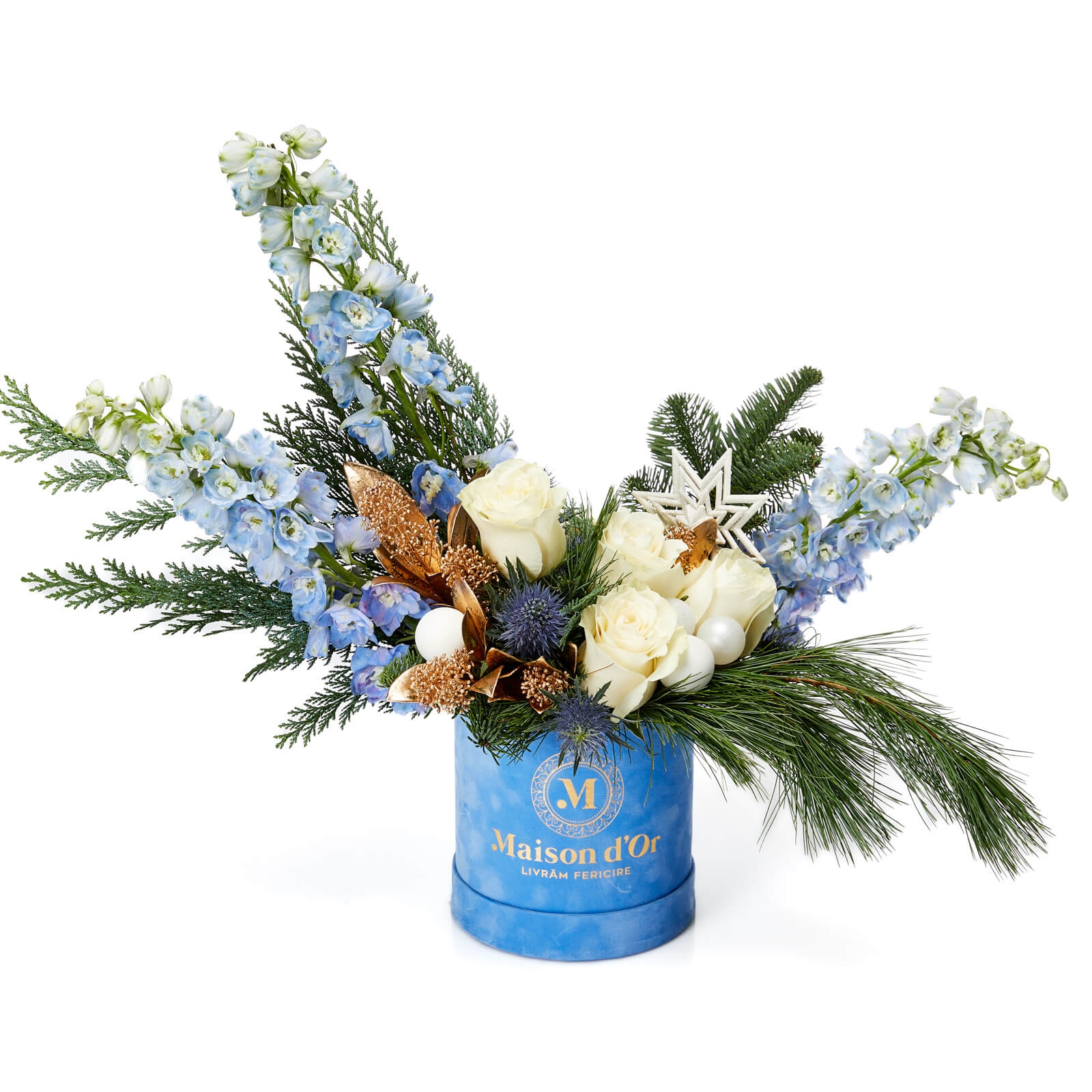 Aranjament de Craciun cu delphinium - Eryngium|Trandafiri