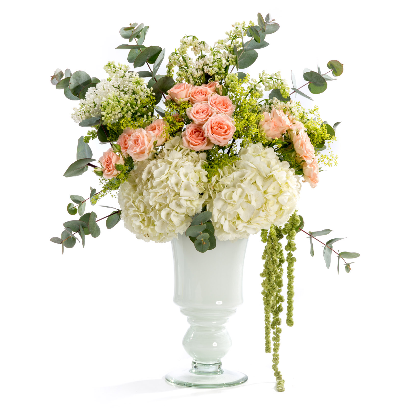 Aranjament floral de nunta din hortensie, minirosa, liliac - Liliac|Minirosa