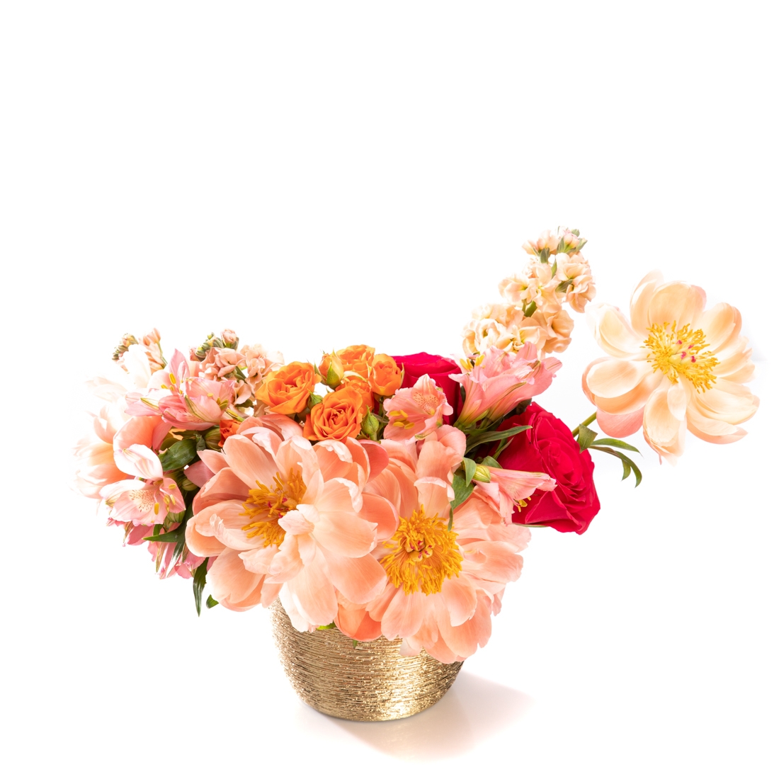 Aranjament floral cu bujori si matthiola Aurons - Alstroemeria|Bujori|Matthiola|Minirosa|Trandafiri