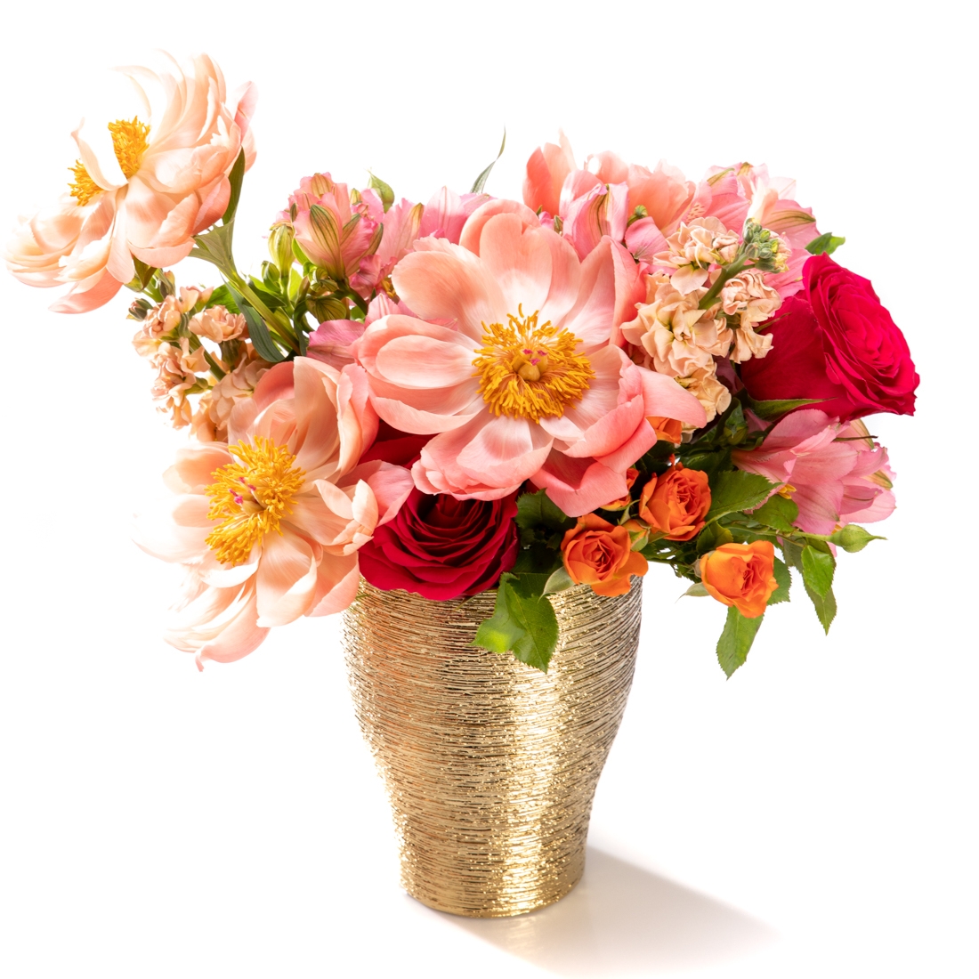 Aranjament floral cu bujori si minirosa Freju - Alstroemeria|Bujori|Matthiola|Minirosa|Trandafiri