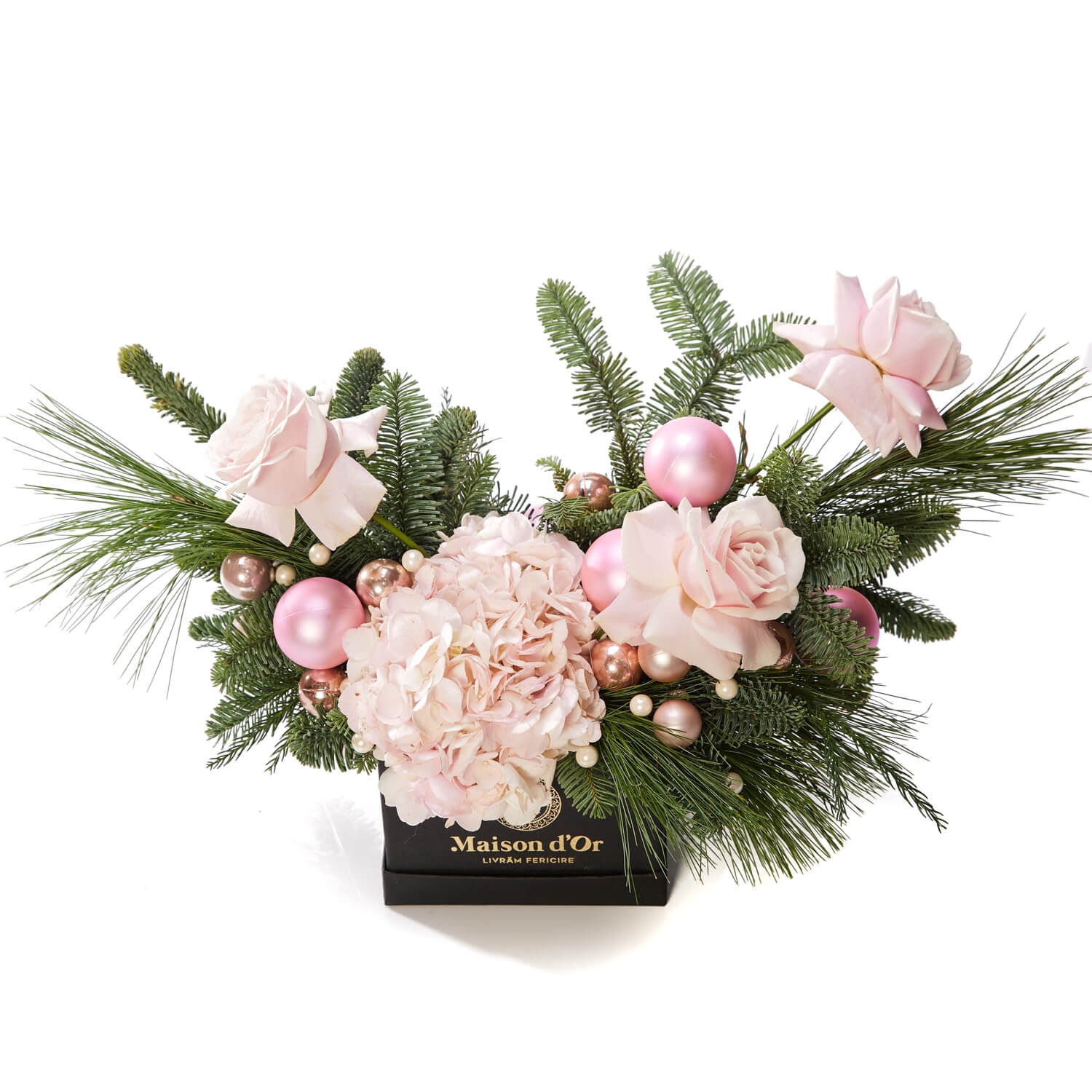 Aranjament Floral cu hortensie roz si globuri - Hortensie|Trandafiri