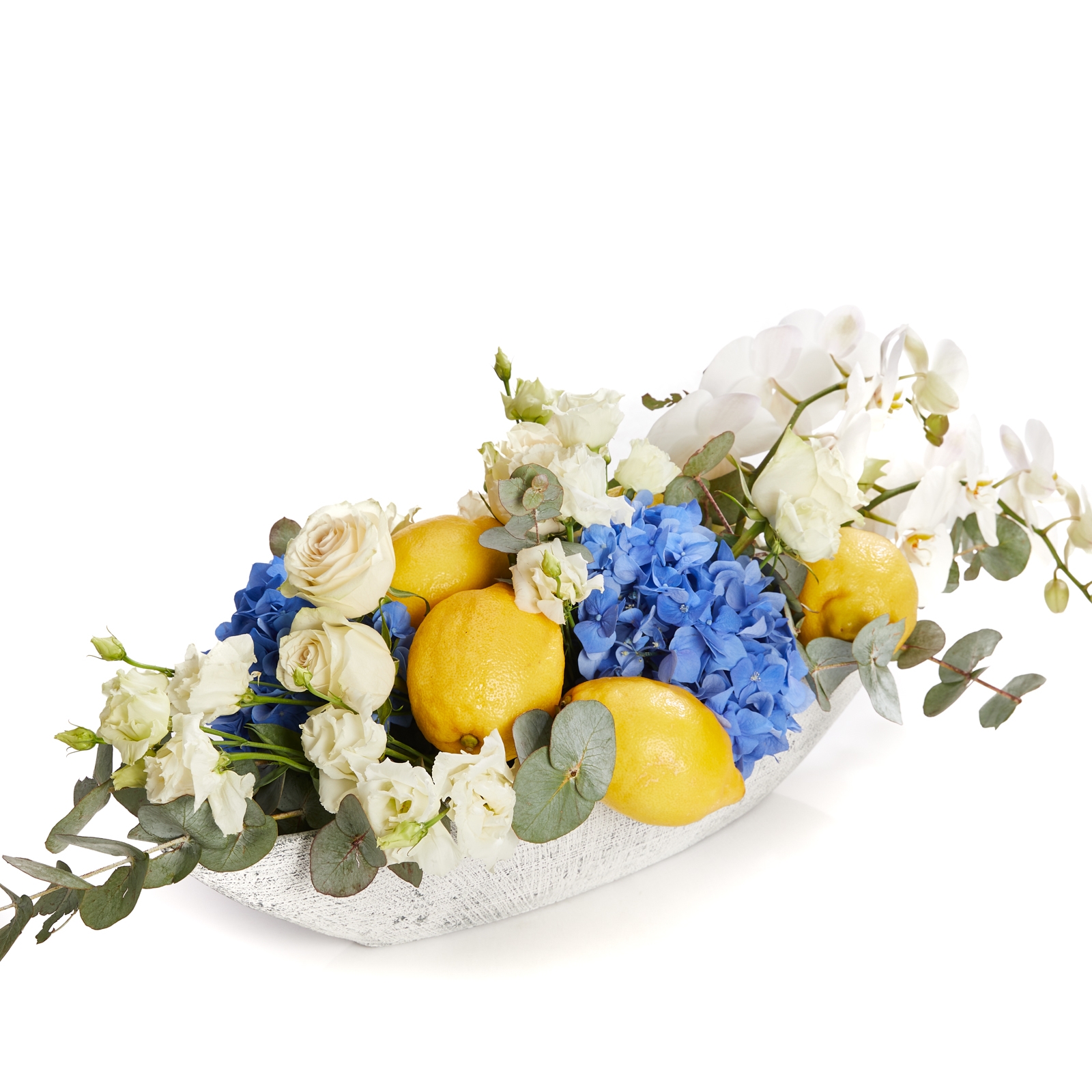 Aranjament floral cu hortensie, trandafiri albi si lamai - Alstroemeria|Hortensie|Lisianthus|Trandafiri