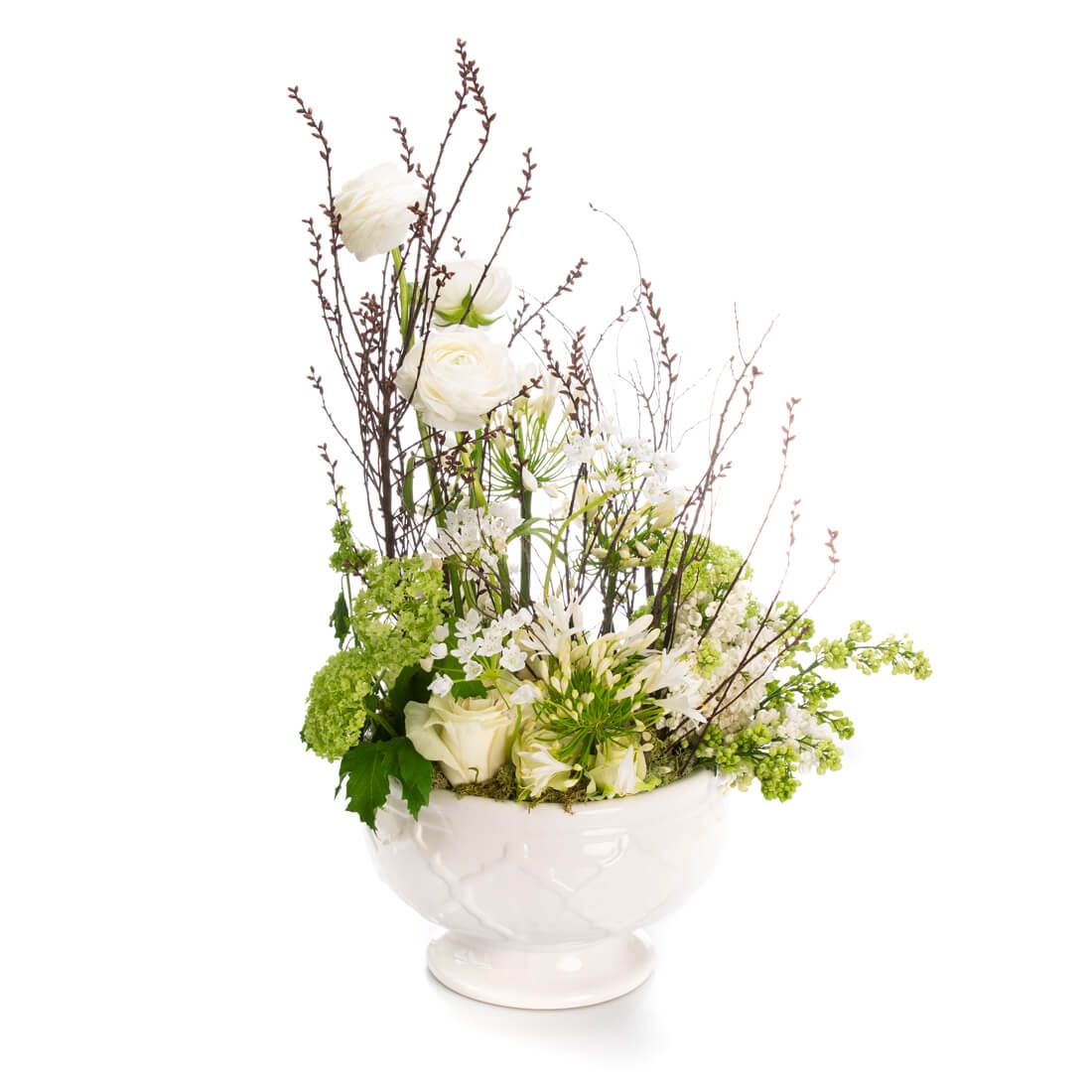 Aranjament floral cu liliac Versailles - Liliac|Minirosa|Ranunculus|Trandafiri