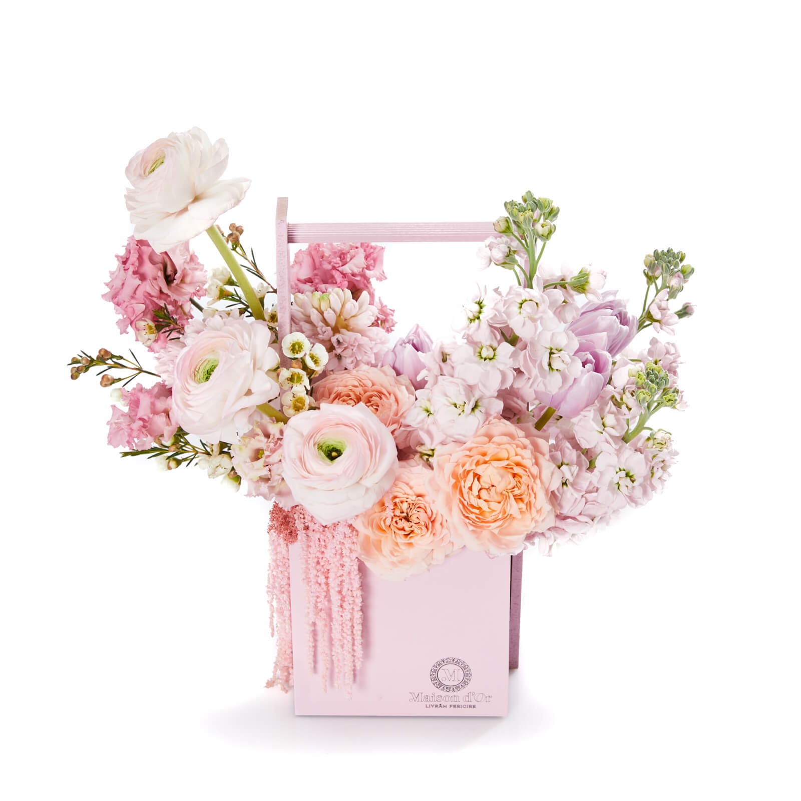 Aranjament floral cu Ranunculus, Rouen - Lisianthus|Minirosa