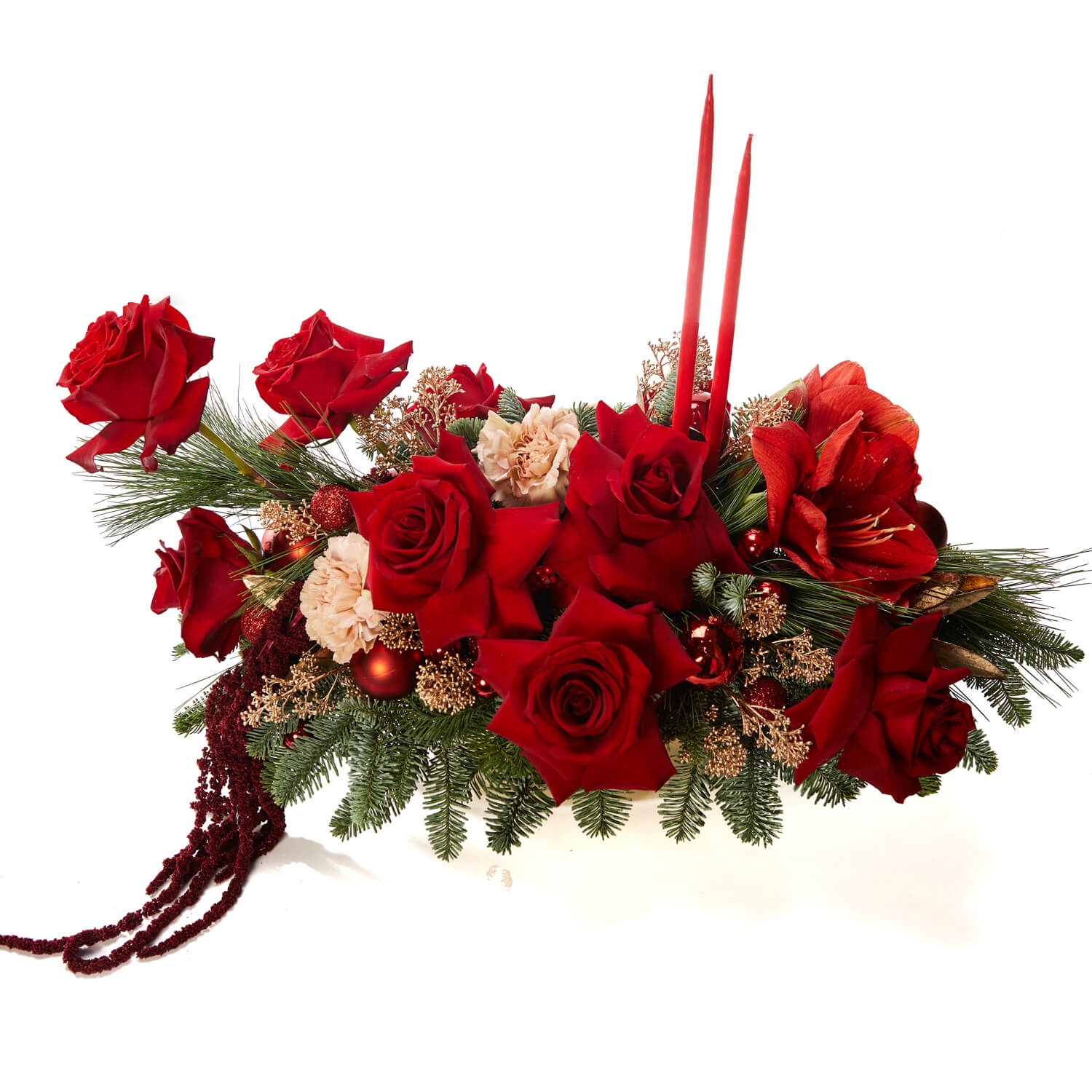 Aranjament floral cu trandafiri rosii si amaranthus - Skimmia|Trandafiri
