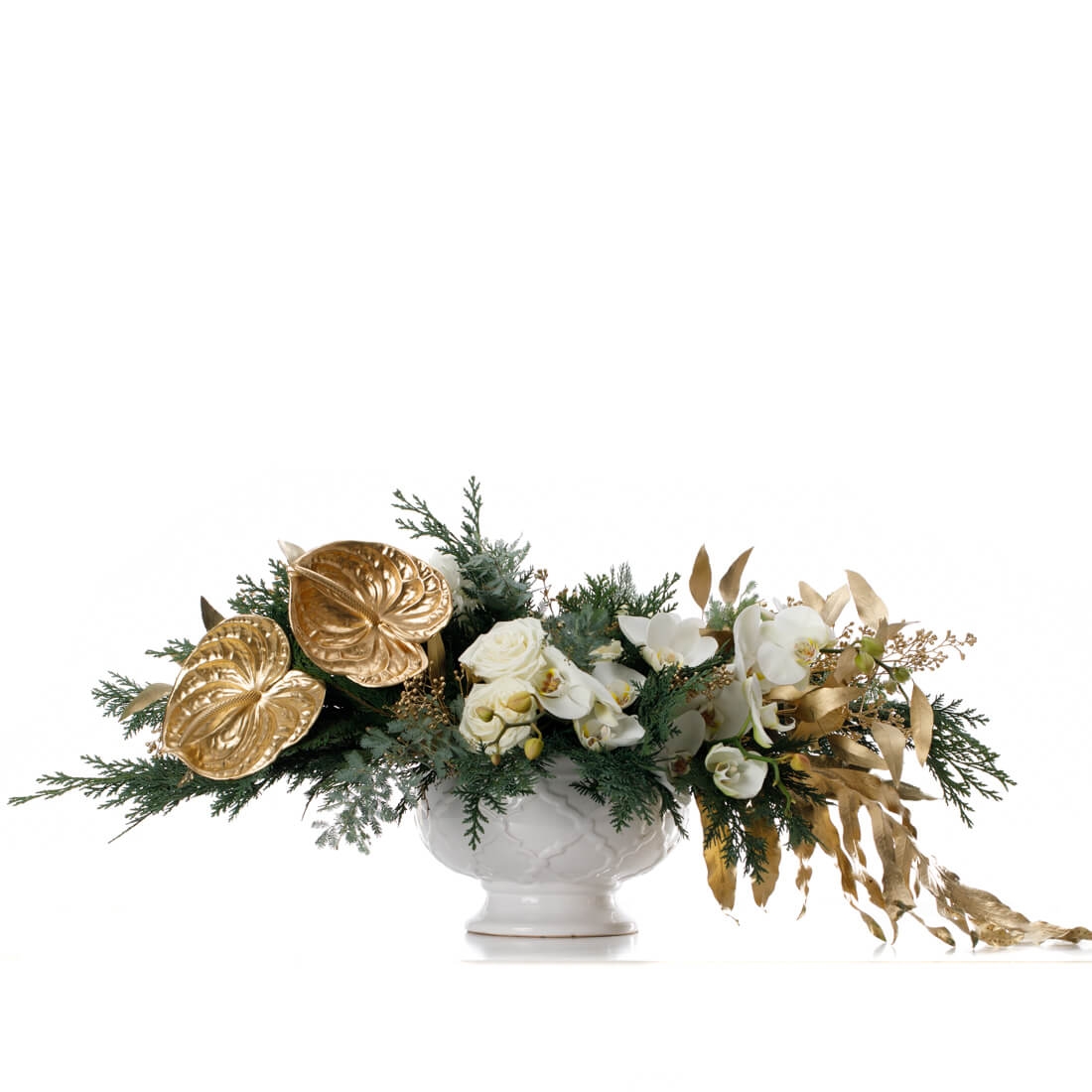 Aranjament floral de Craciun "Dream Christmas" - Anthurium|Hortensie|Phalaenopsis orhidee|Trandafiri