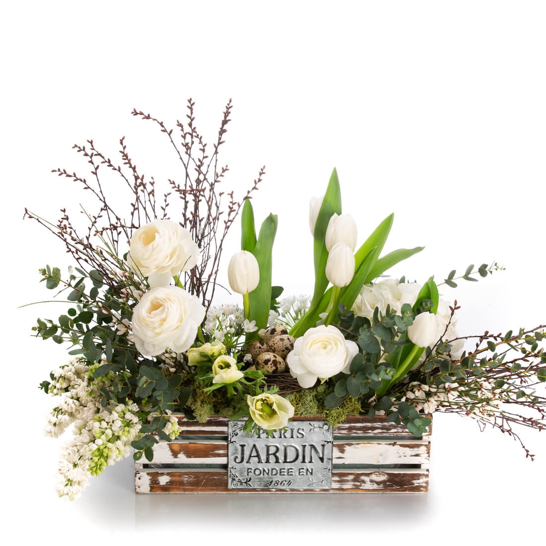 Aranjament floral in cos cu Lalele si Myrica - Hortensie|Liliac