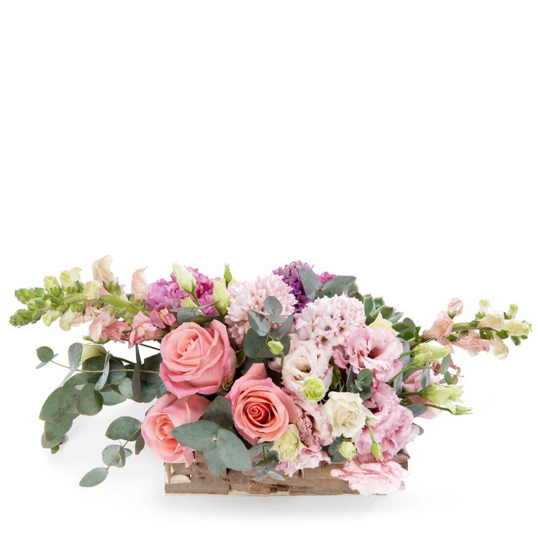 Aranjament floral in cos cu antirrhinum si zambile - Lisianthus|Trandafiri