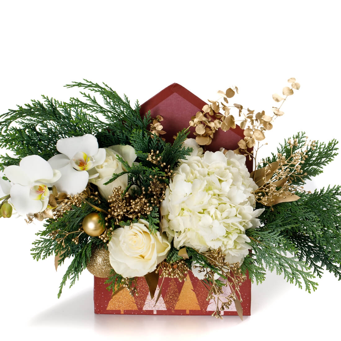Aranjament floral in plic de Craciun cu trandafiri albi si globuri aurii - Hortensie|Orhidee|Trandafiri