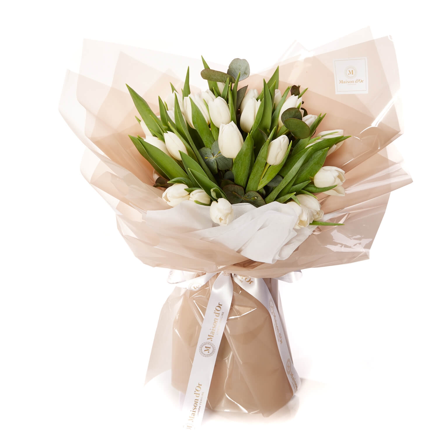 Buchet 25 lalele albe si eucalipt - Lalea