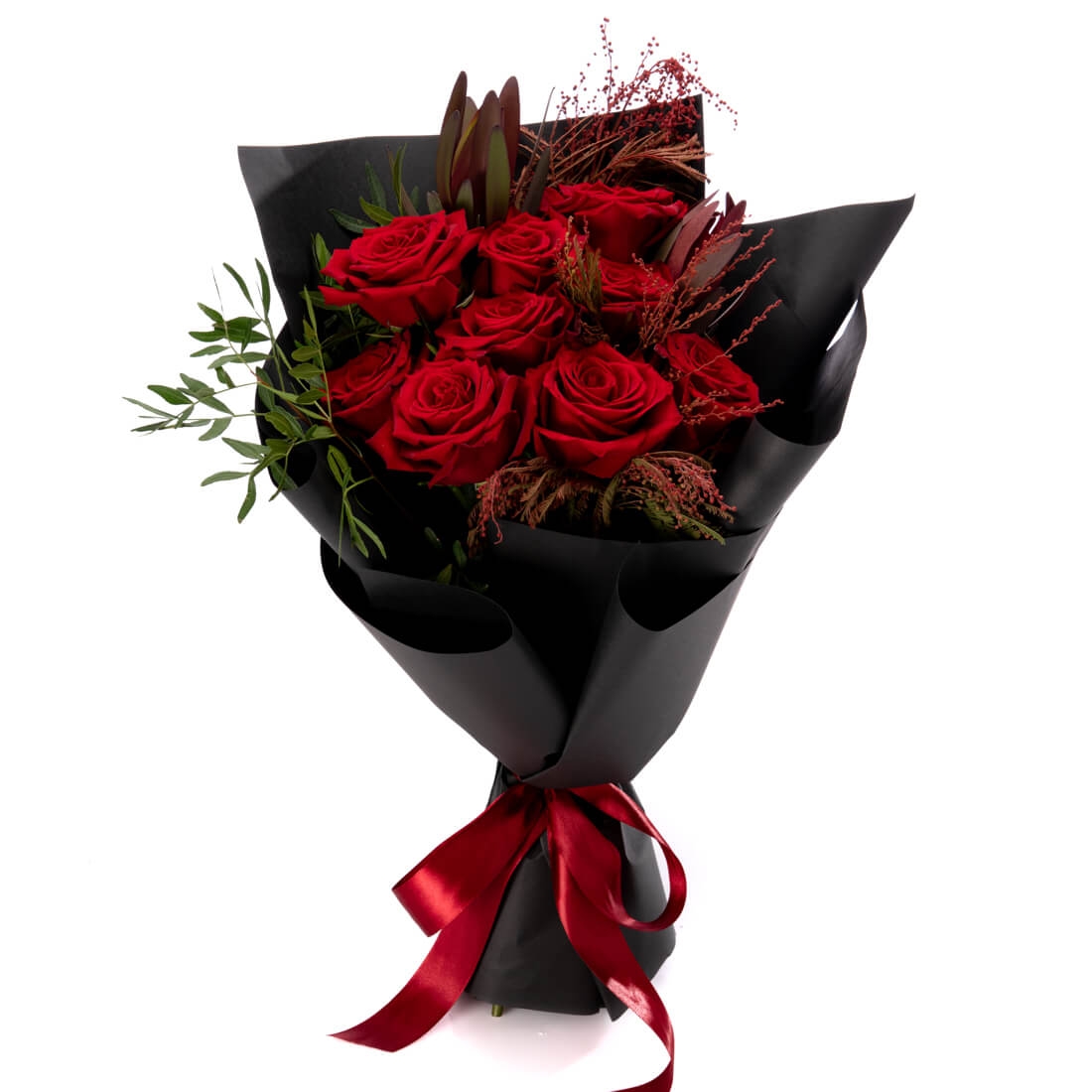 Buchet de flori cu trandafiri rosii si leucadendron - Trandafiri
