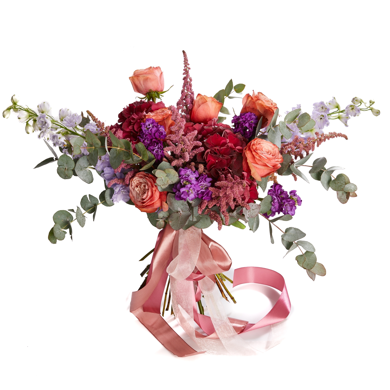Buchet de flori cu hortensie, trandafiri si astilbe - Astilbe|Hortensie|Matthiola|Trandafiri|Viburnum