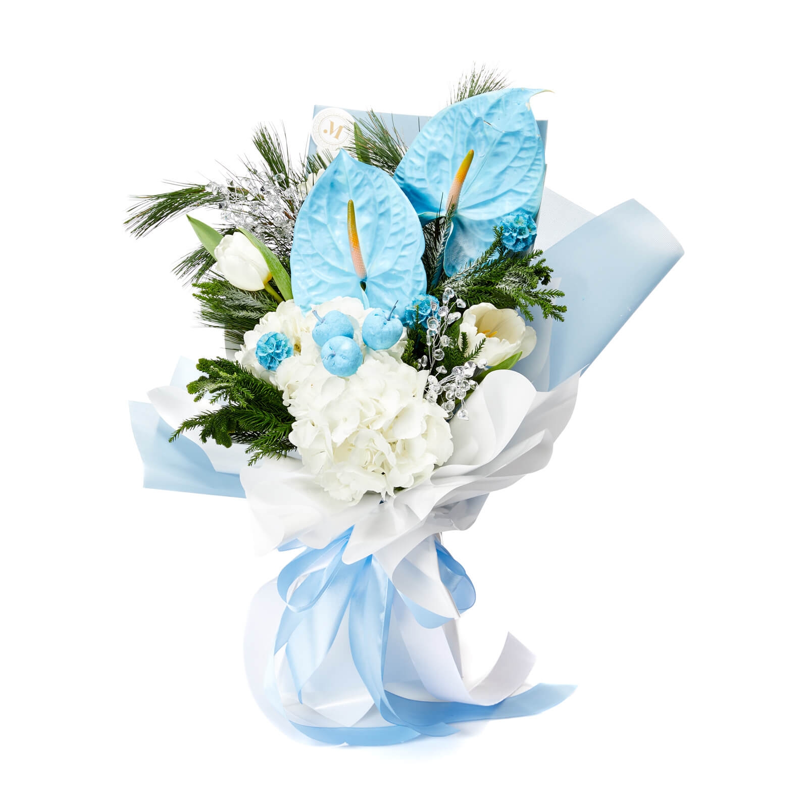Buchet de flori "Blue Christmas" - Anthurium|Hortensie|Lalea