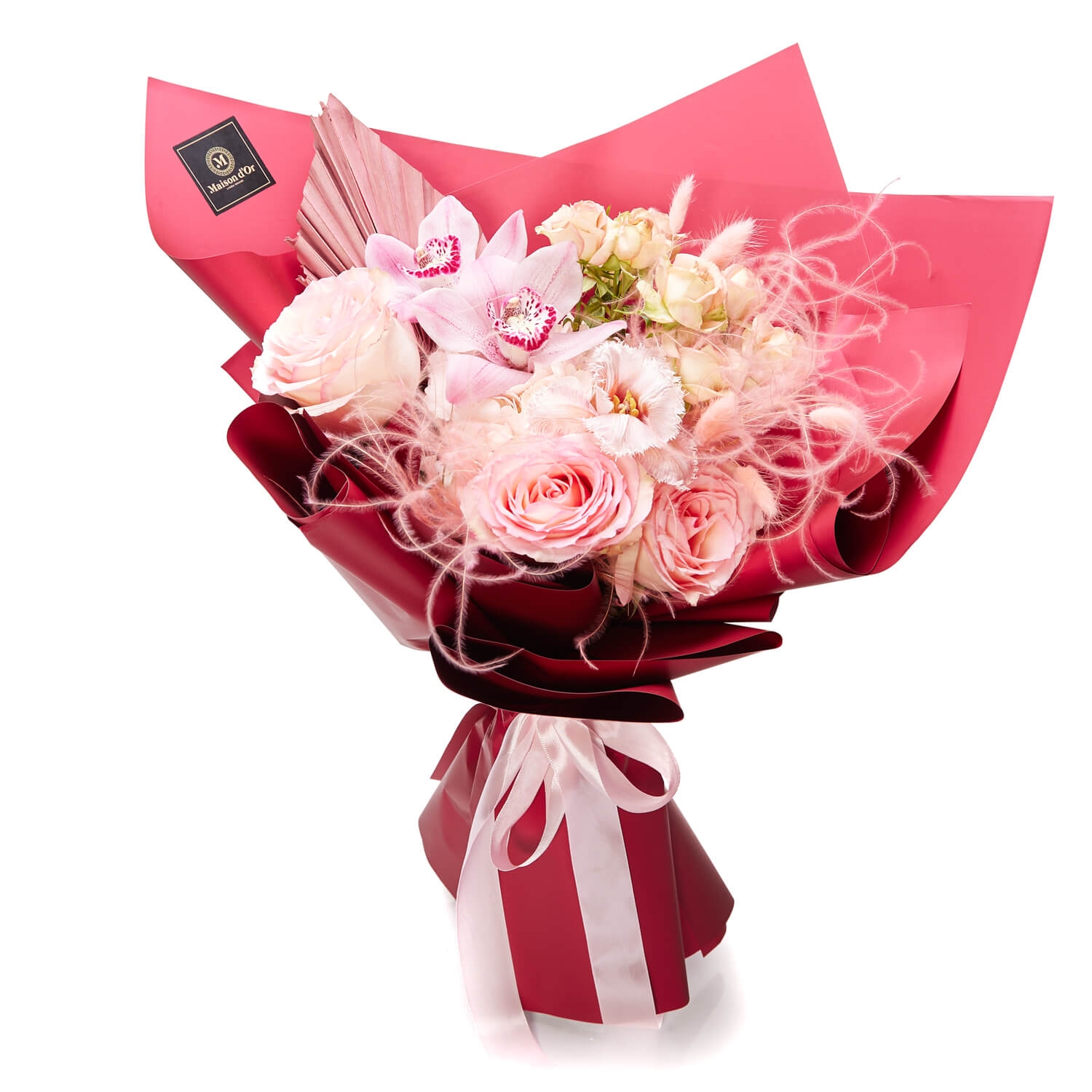 Buchet de flori cu cymbidium si trandafiri roz - Hortensie|Lalea|Minirosa