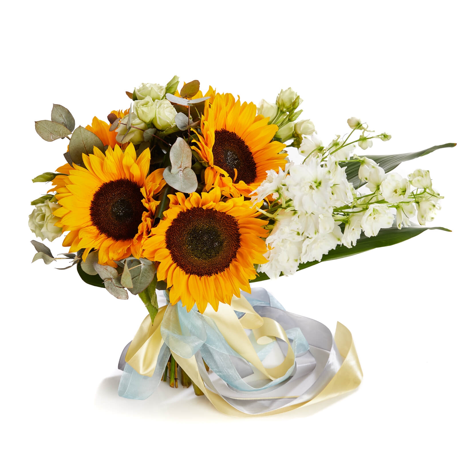 Buchet de flori cu delphinium si floarea soarelui - Floarea-Soarelui|Lisianthus