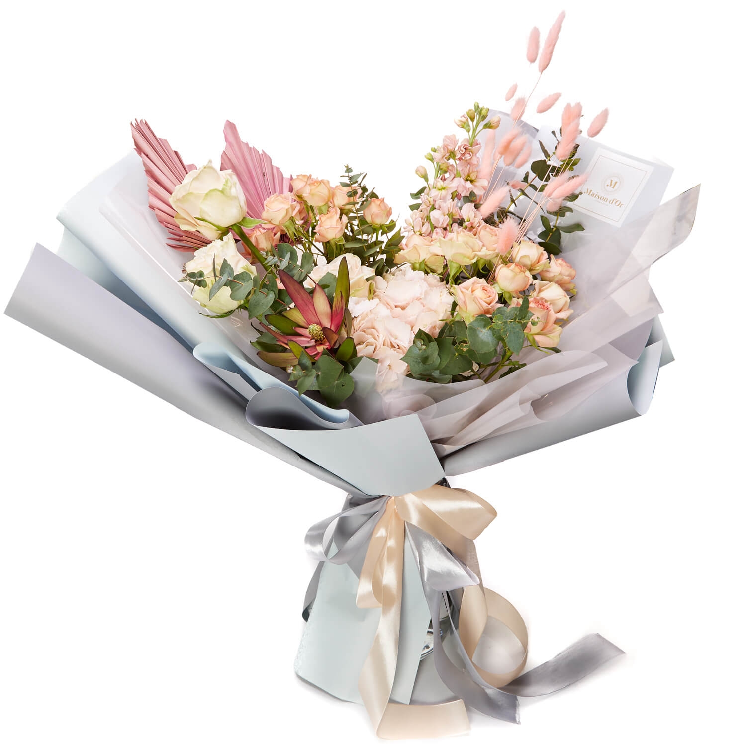 Buchet de flori cu minirosa, hortensie si trandafiri - Hortensie|Matthiola|Minirosa|Trandafiri