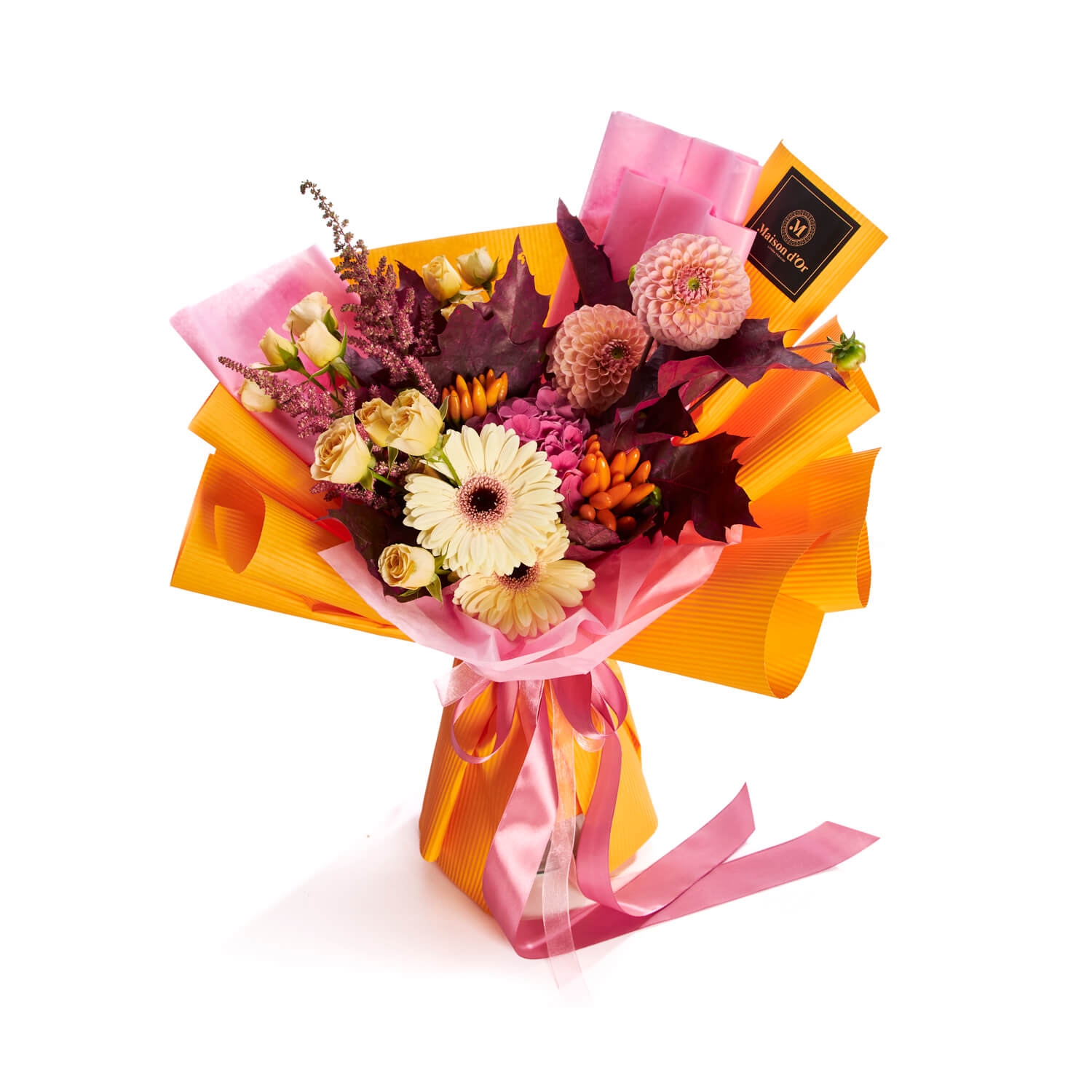 Buchet de flori cu trandafiri galbeni si germini crem - Astilbe|Dahlia|Gerbera|Hortensie