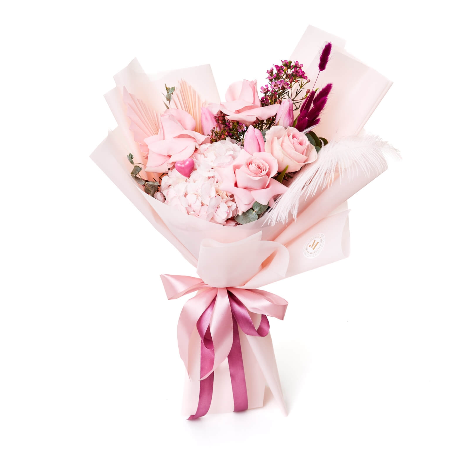 Buchet de flori cu trandafiri roz - Hortensie|Lalea|Trandafiri