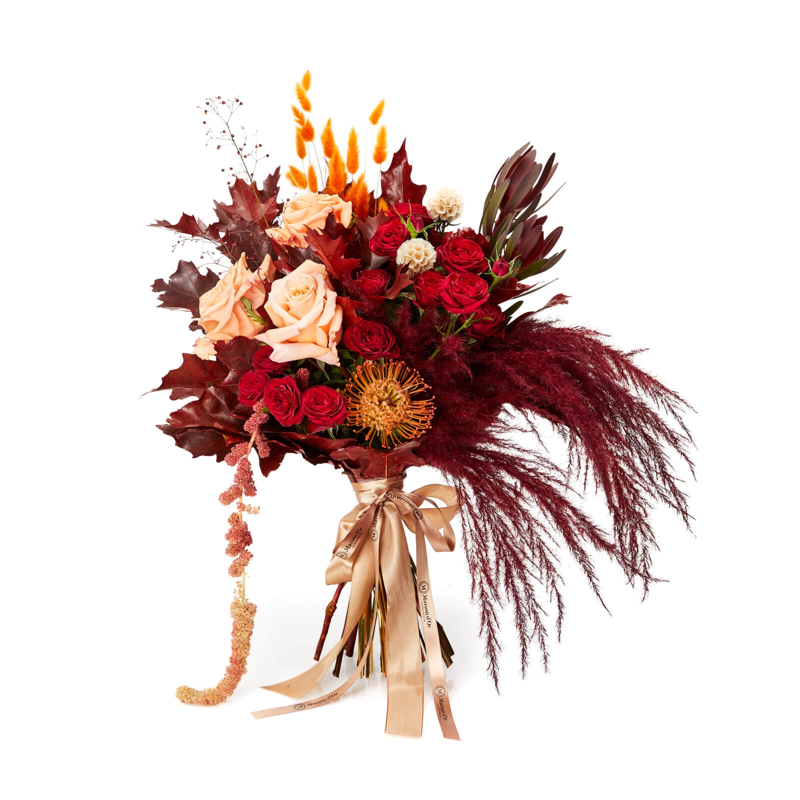 Buchet De Toamna Cu Trandafiri si Pampas - Leucadendron|Minirosa|Pampas Cortaderia|Trandafiri