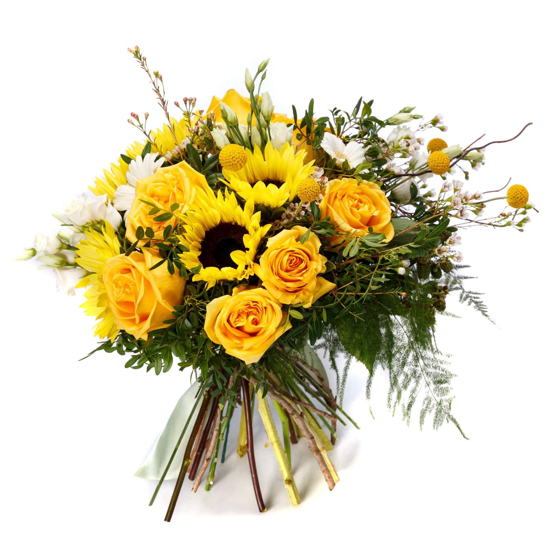 Buchet floarea soarelui si trandafiri galbeni - Craspedia|Floarea-Soarelui|Germini|Trandafiri