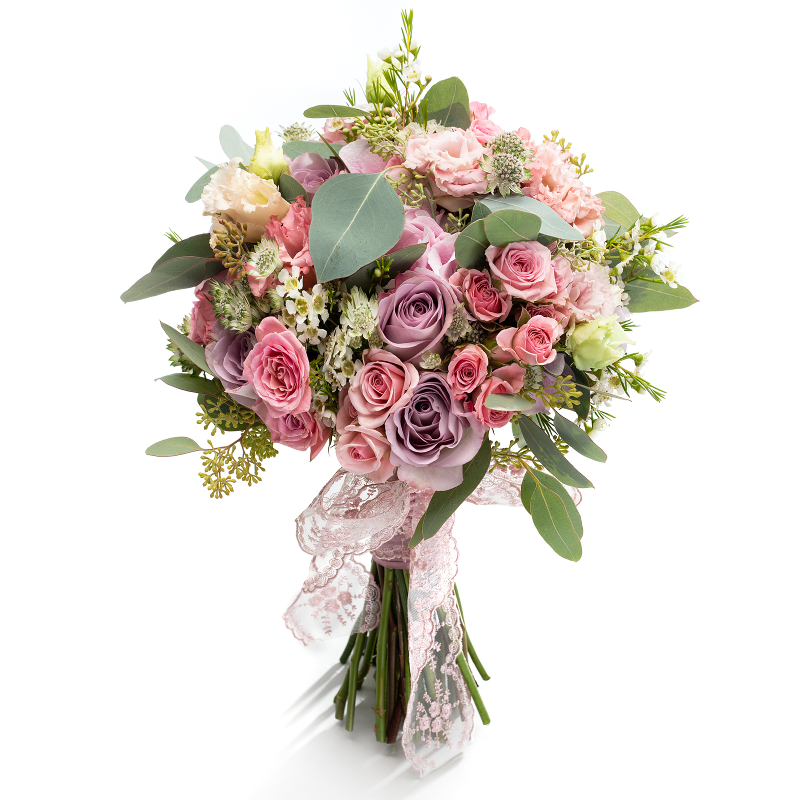 Buchet mireasa trandafiri lila si astrantia - Hortensie|Lisianthus|Minirosa|Trandafiri