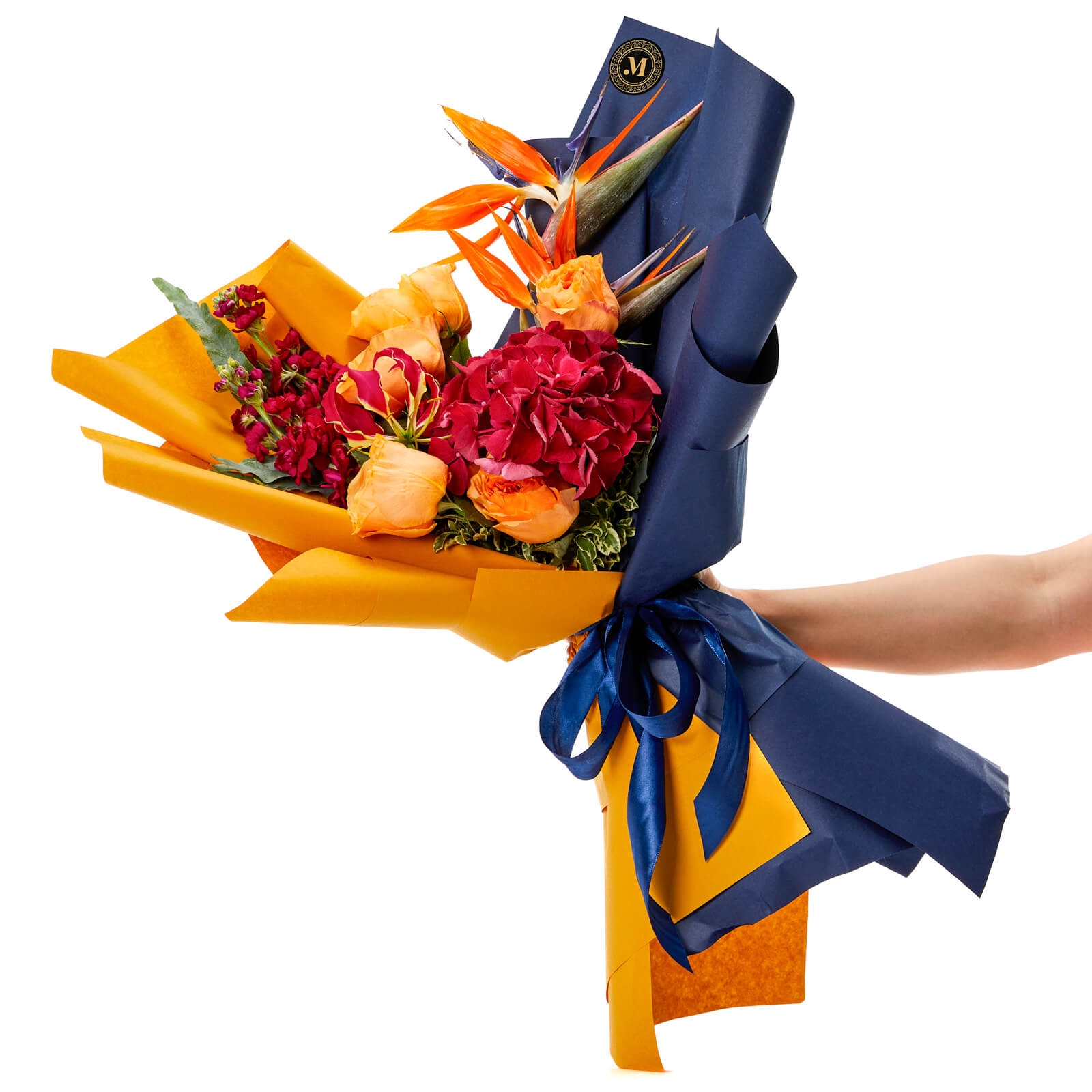 Buchet Strelitzia - Hortensie|Matthiola|Trandafiri