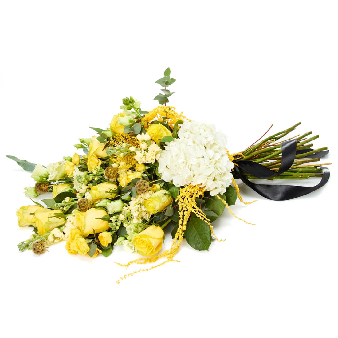 Buchet funerar cu amaranthus - Amaranthus|Hortensie|Lisianthus|Matthiola|Trandafiri