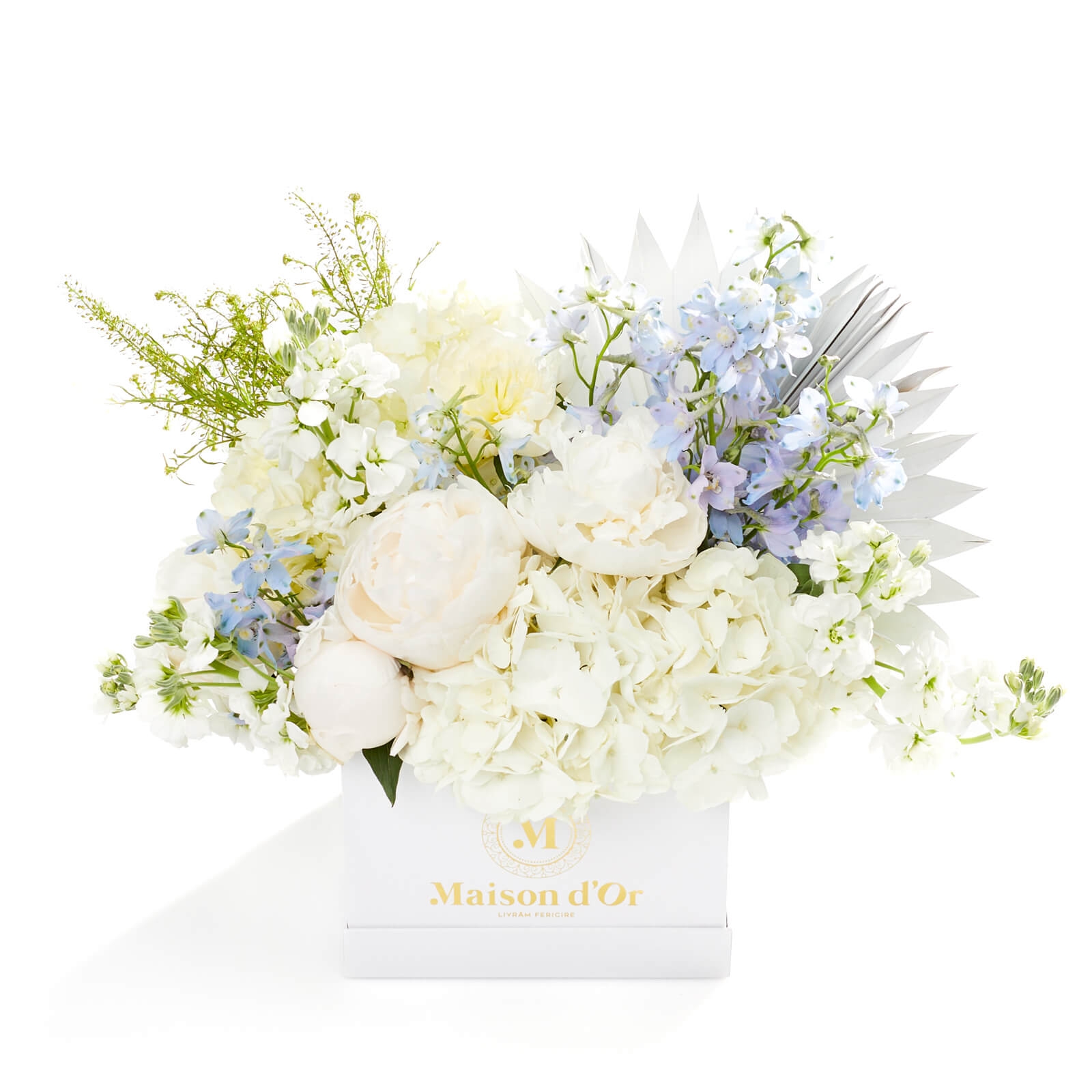 Colectia Desire-Cutie mare alba cu Bujor si Delphinium - Bujori|Hortensie|Matthiola