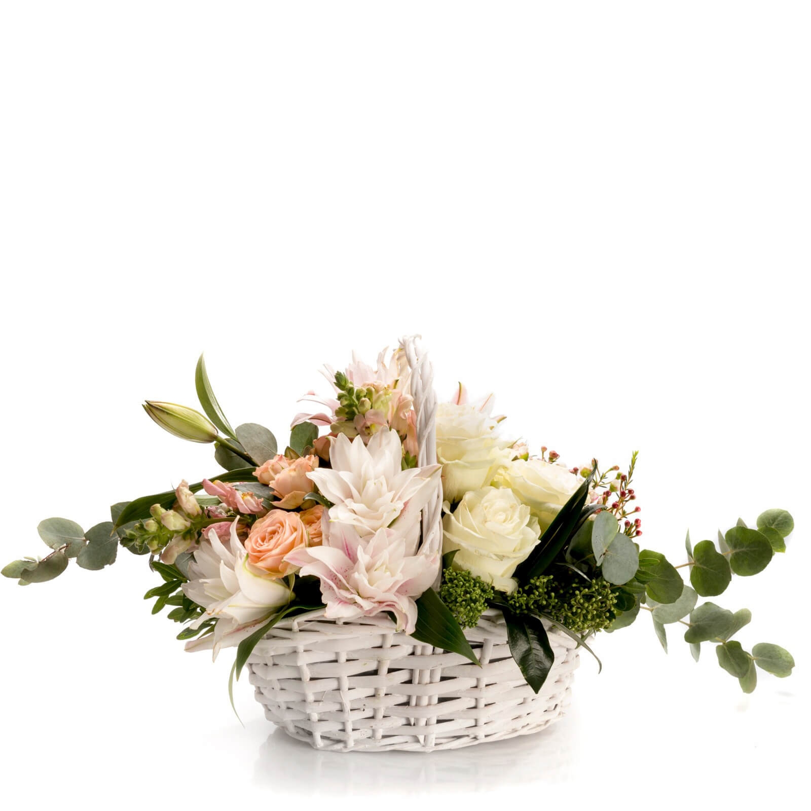 Aranjament floral in cos cu minirosa si waxflower - Crin|Minirosa|Trandafiri