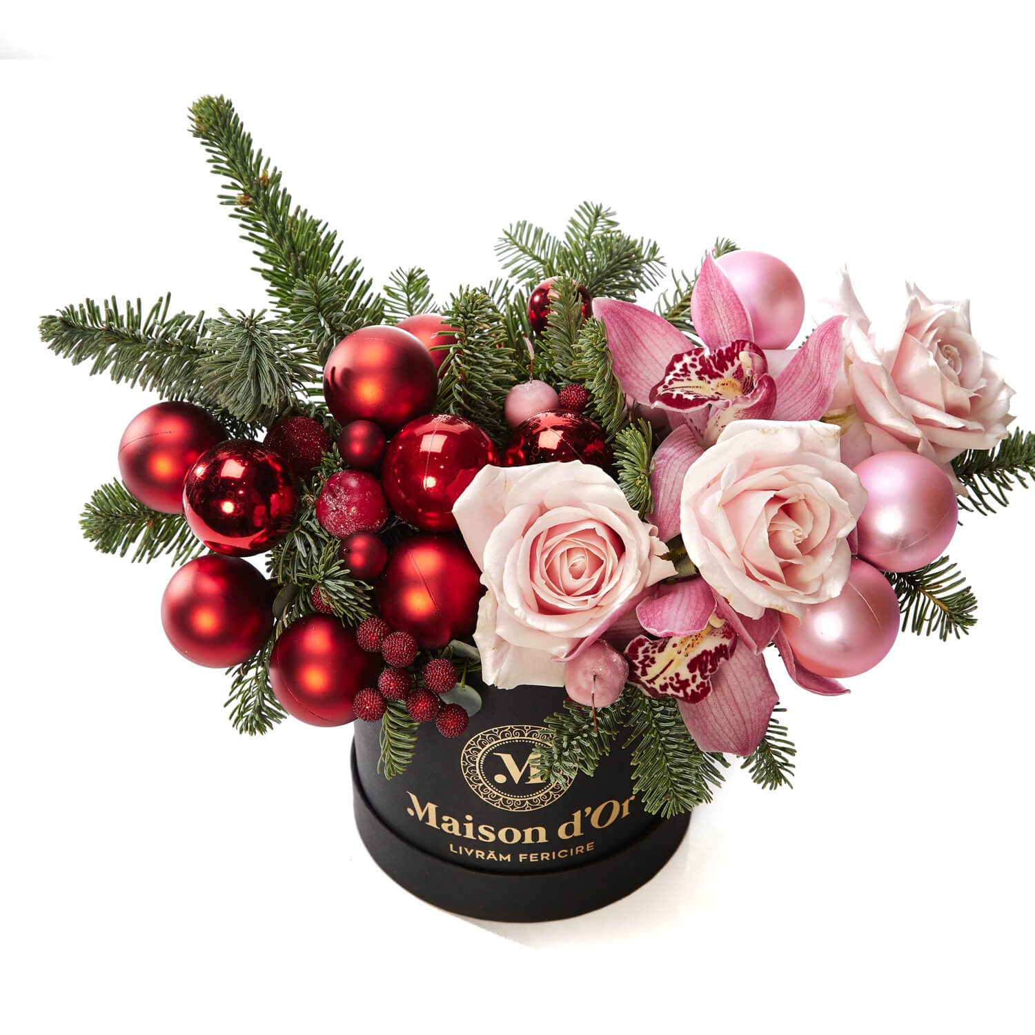 Cutie cu cymbidium si globuri - Cymbidium|Trandafiri