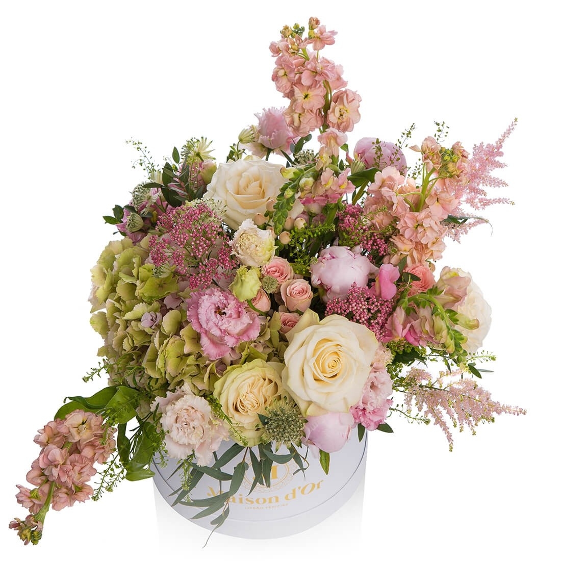 Cutie cu astilbe, bujori si minirosa - Hypericum|Lepidium|Lisianthus|Matthiola|Minirosa|Trandafiri