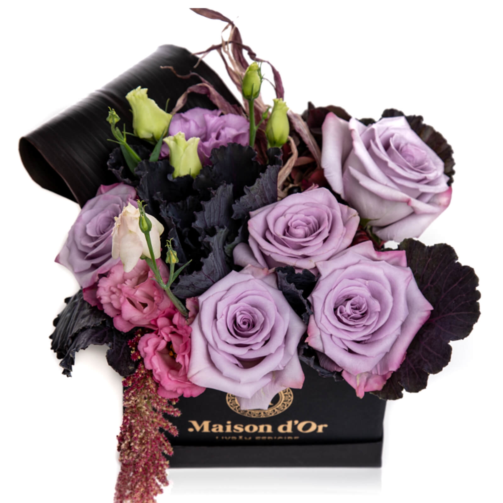 Cutie cu trandafiri lila si lisianthus roz - Amaranthus|Brassica|Hortensie|Lisianthus|Trandafiri