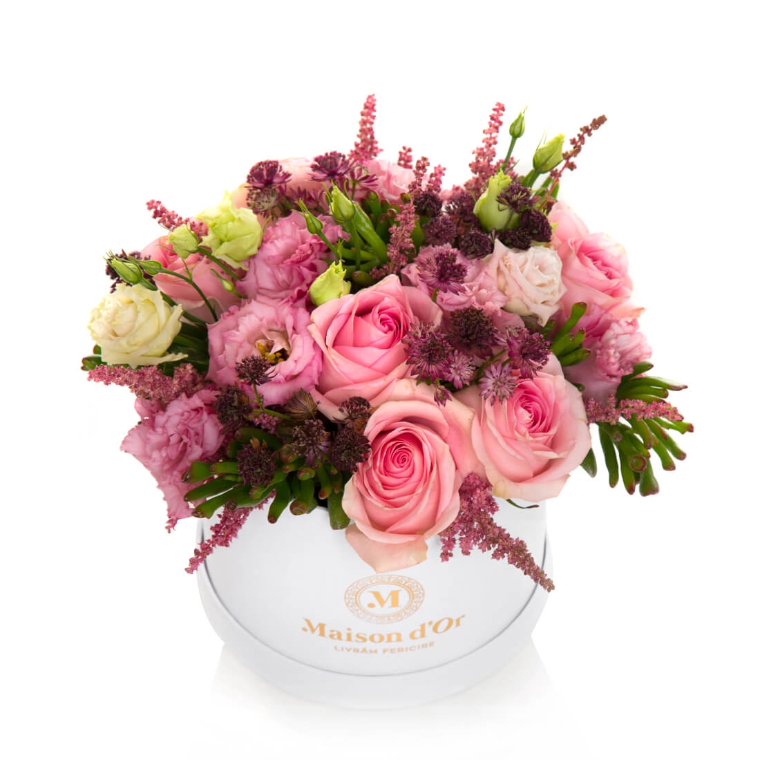 Aranjament floral cu astilbe si trandafiri roz - Lisianthus|Trandafiri