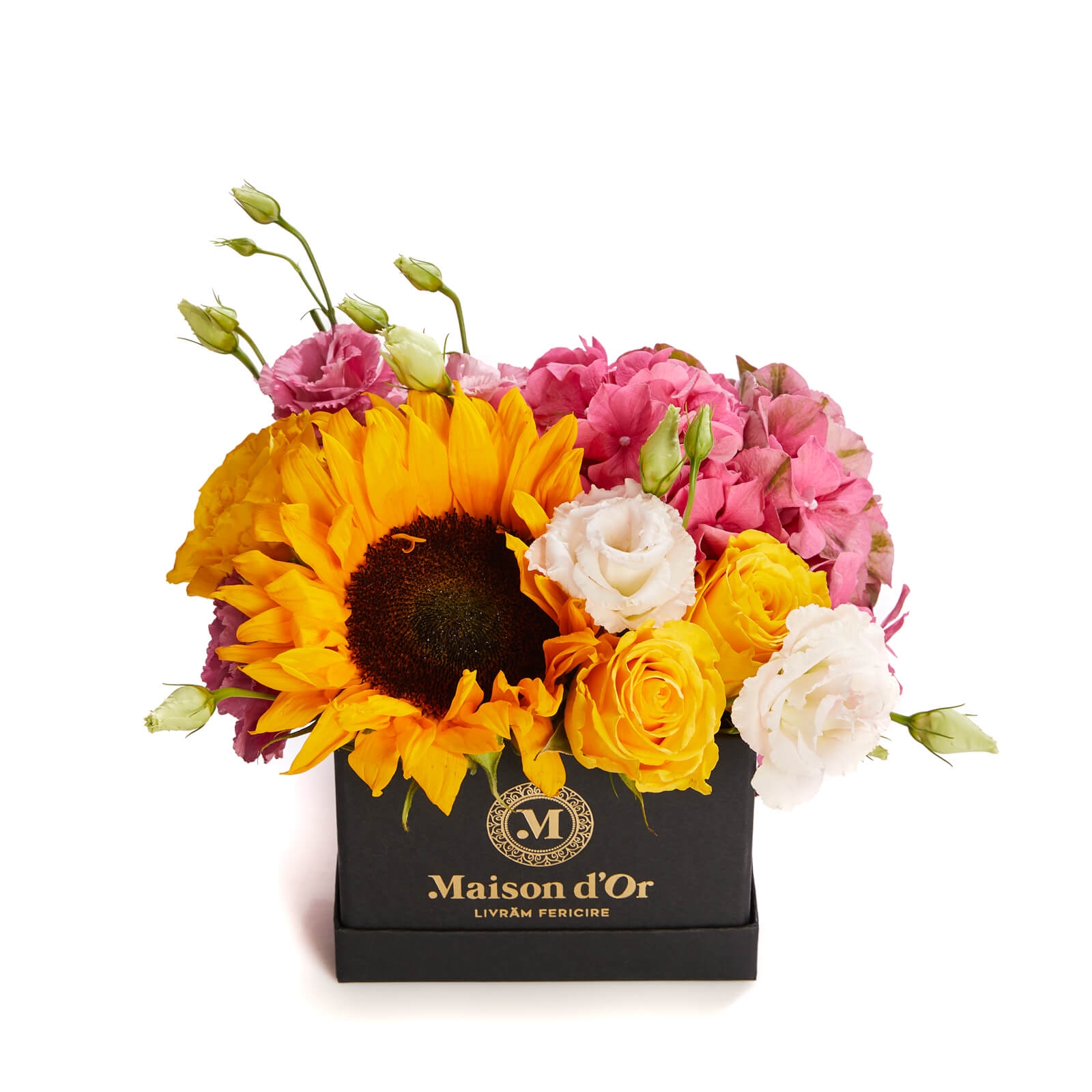 Cutie cu trandafiri si floarea soarelui - Floarea-Soarelui|Hortensie|Lisianthus