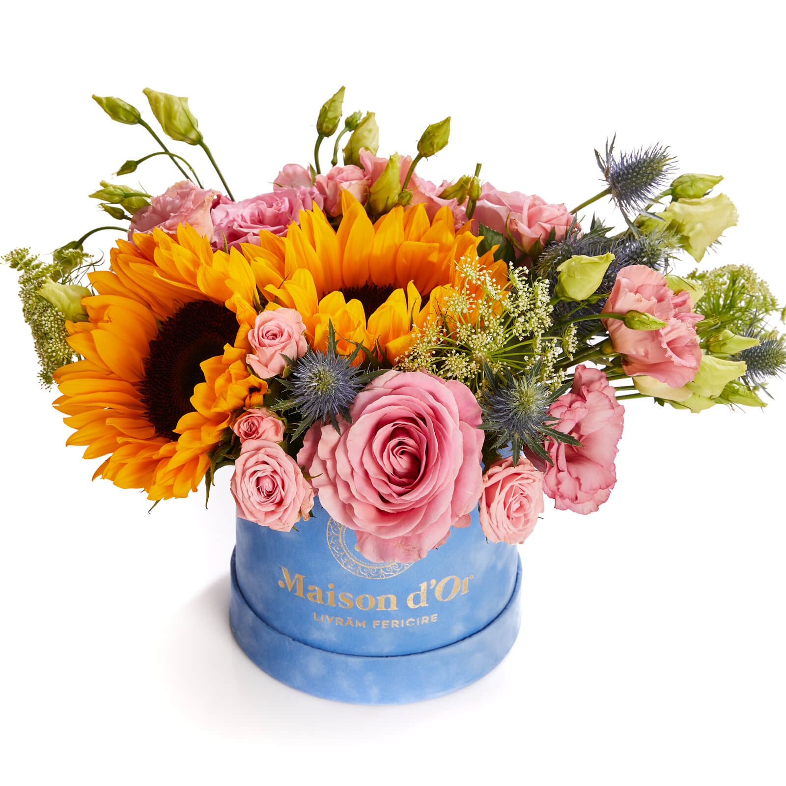 Cutie de catifea cu floarea soarelui, Moulins - Eryngium|Floarea-Soarelui|Lisianthus|Minirosa