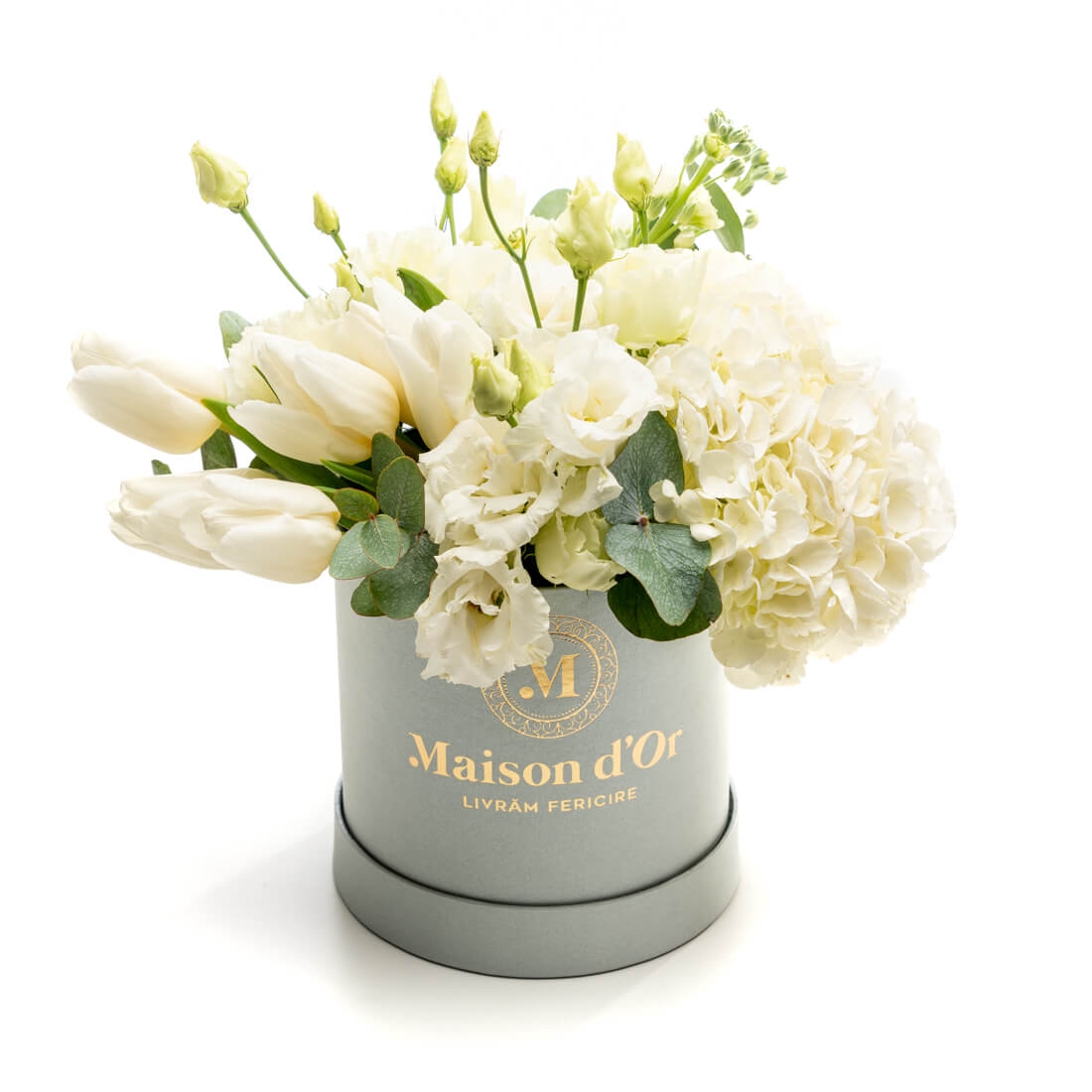 Cutie gri cu flori Gilda - Hortensie|Lalea|Lisianthus|Matthiola
