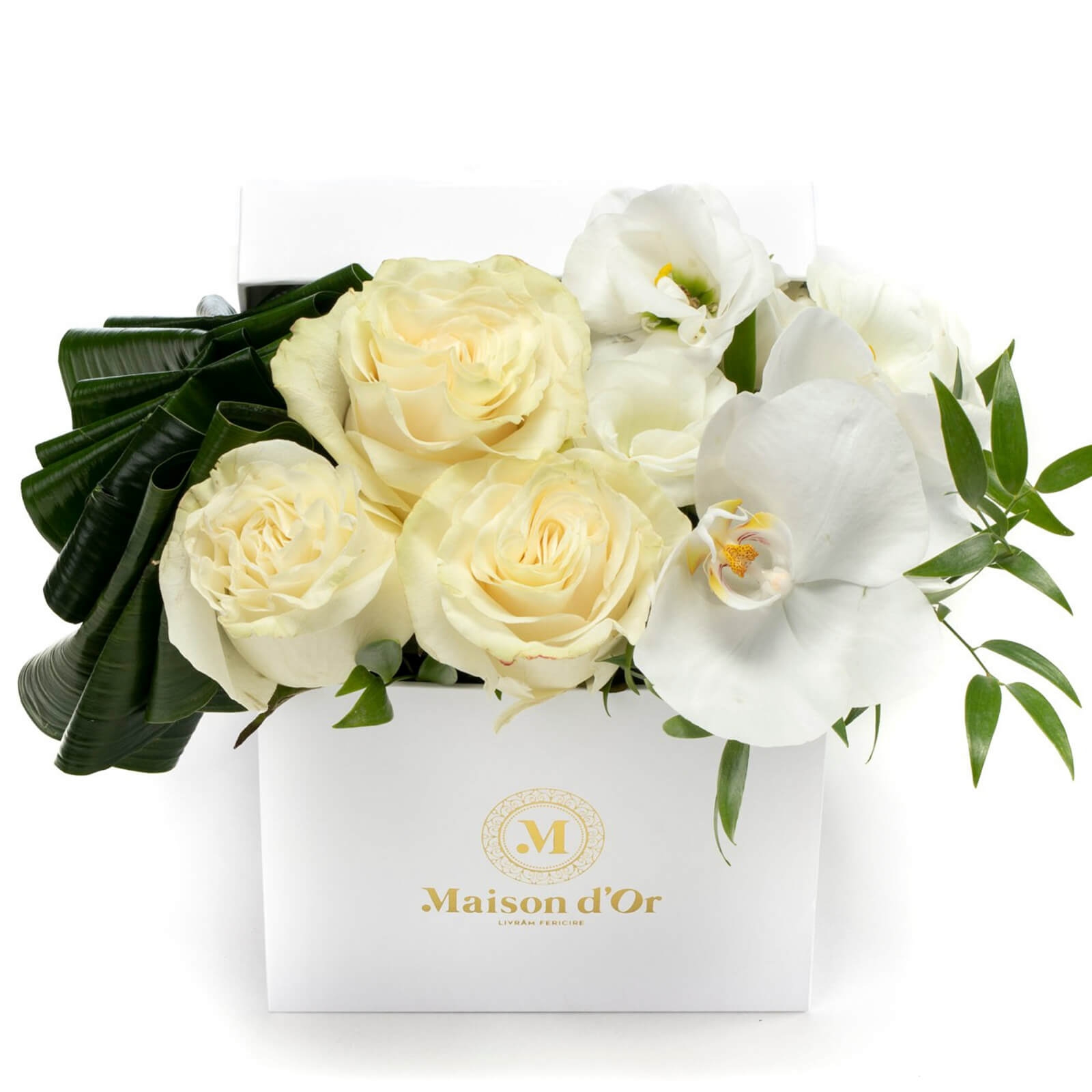 Cutie cu orhidee si lisianthus alb - Lisianthus|Orhidee|Trandafiri
