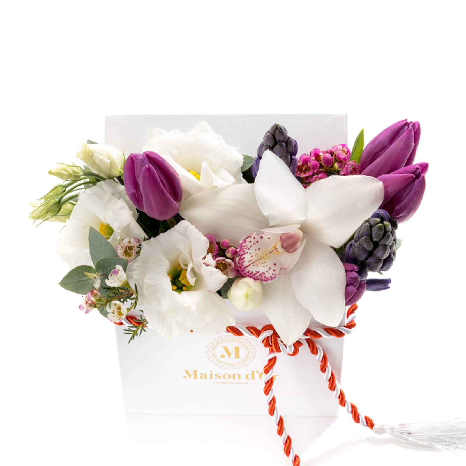 Cutie patrata alba zambile si lalele - Cymbidium|Lalea|Lisianthus