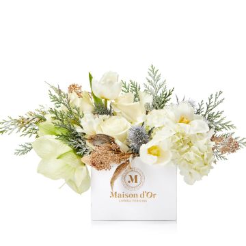 Floral arrangement with white roses, fir and anthurium