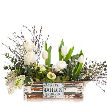 Floral arrangement in basket with Tulips and Myrica