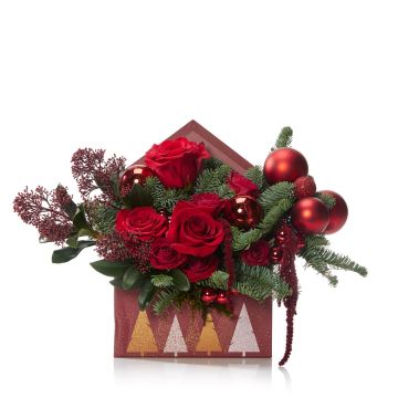 Floral Arrangement In Christmas Envelope With Red Roses