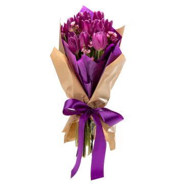 Bouquet with 15 purple tulips and 3 waxflowers