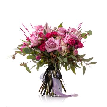 Bouquet with tulips, germs and roses