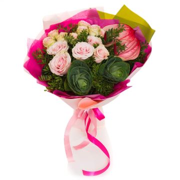 Buchet de flori anthurium si trandafiri roz