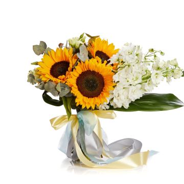 Buchet de flori cu delphinium si floarea soarelui	
