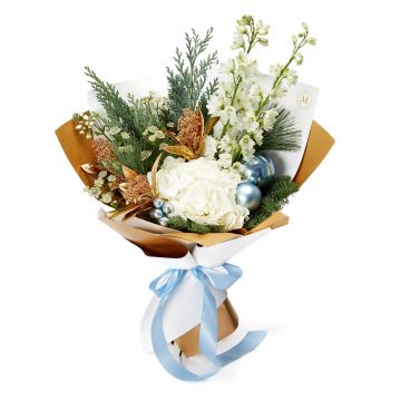 Floral arrangement with fir, white candles and decorative elements