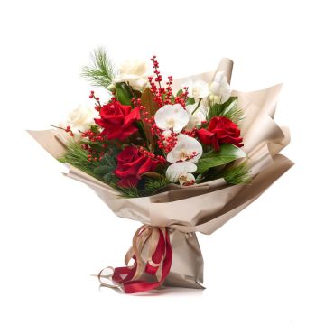 Buchet de Craciun cu trandafiri si orhidee phalaenopsis