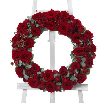 Coroana funerara cu trandafiri rosii 
