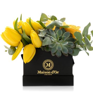 Square box with roses and yellow tulips